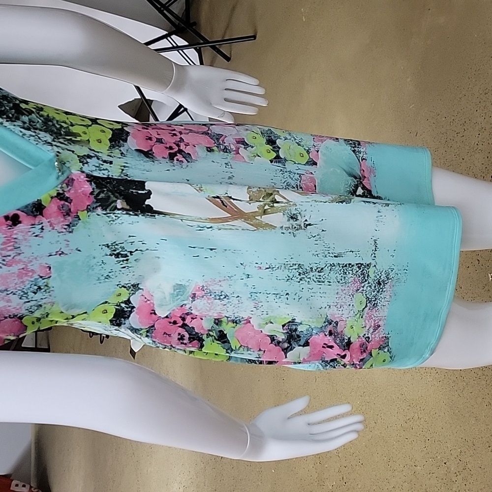 Roberto Cavalli Teal Floral Short Sleeve Mini Dress Size 46 - Picture 5 of 16